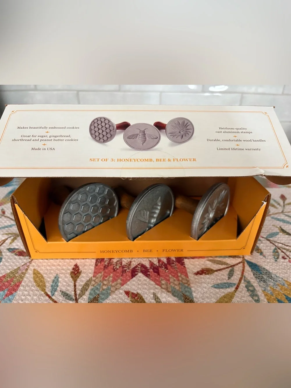 Nordicware  3 Cookie Stamps - Honeycomb,Bee & Flower/Aluminum Cast, Wood Handles